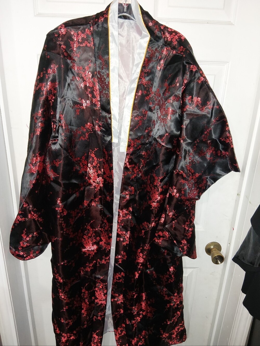 Black Kimono Satin Robe with Red Floral Jacquard